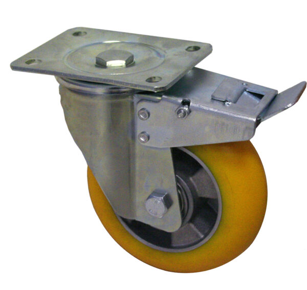 Ruota  alluminio poliuretano battistrada bombato d. 100x40- Supporto girevole freno anteriore