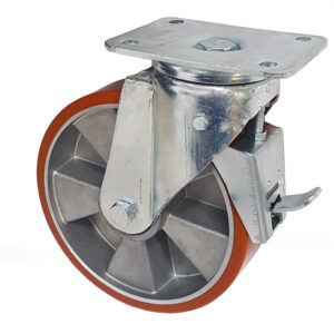 Ruota Alluminio Poliuretano ø160x50 - Supporto Girevole con Freno Posteriore