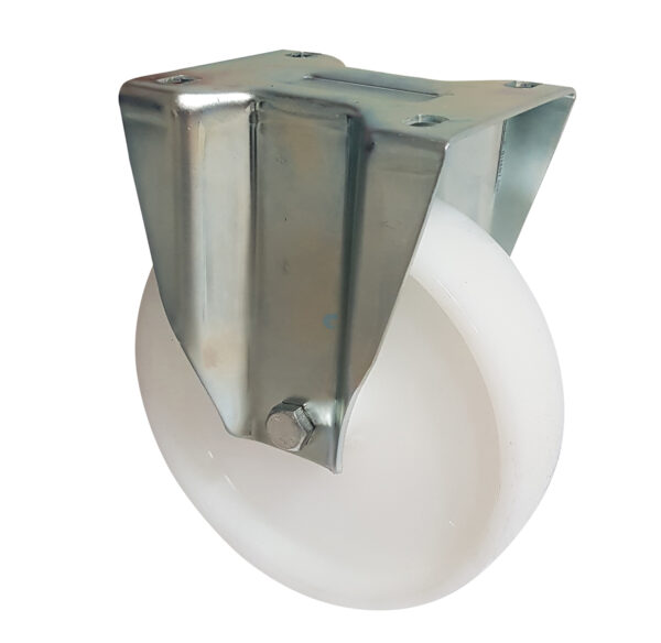 Ruota nylon bianco d. 150x40 - Supporto acciaio inox fisso