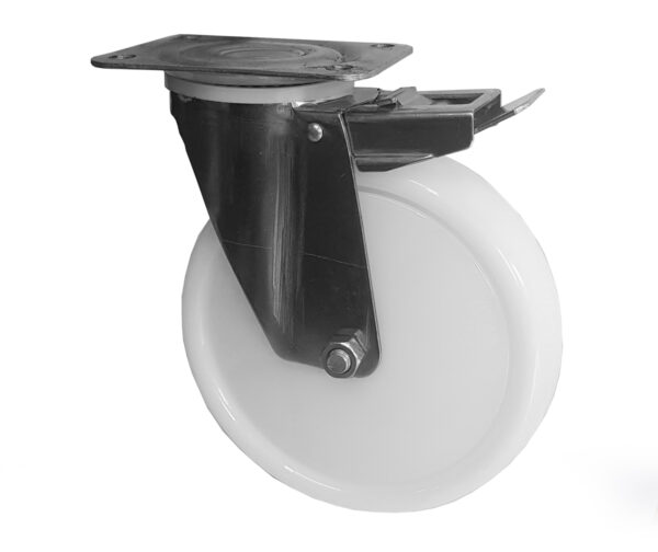 Ruota Nylon Bianco ø200x50 con Parafili Girevole con Freno Inox