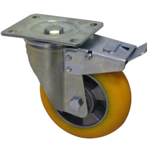 Ruota  alluminio poliuretano battistrada bombato d. 200x50 - Supporto girevole con freno