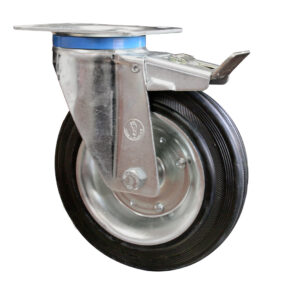 Ruota Gomma Nera Disco Ferro. 80x25 - Supporto Rotante Con Freno