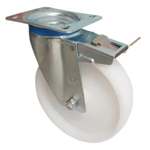 Ruota nylon bianco d. 200x50 - Supporto in Acciaio Inox Rotante con Freno