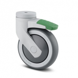 Ruota  conduttiva d. 100x32 Supporto girevole con freno su foro passante- Mozzo su cuscinetti a sfera